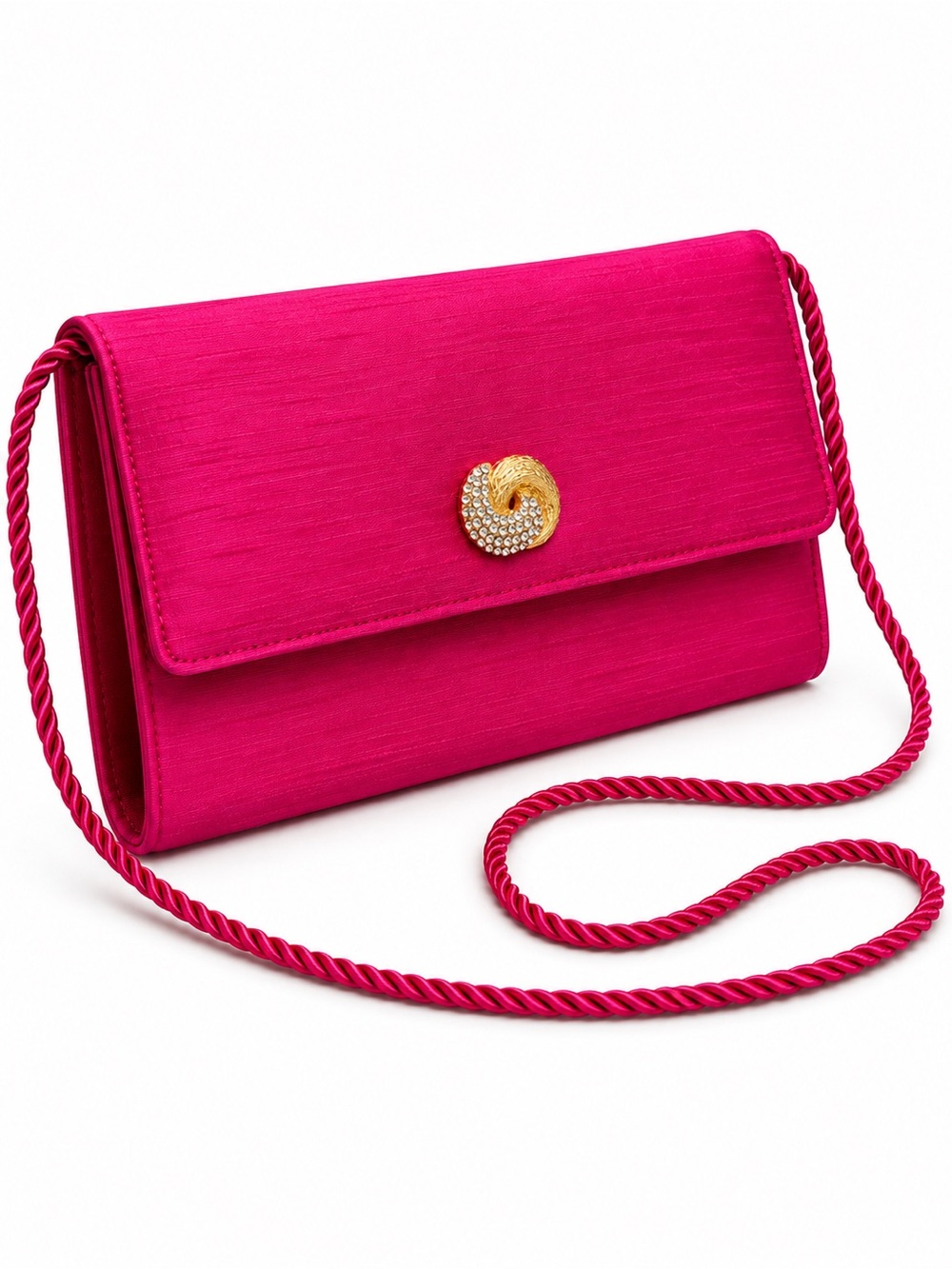 Premiere Editions 100% Pure Silk Fuchsia Rhinestone Evening Clutch Crossbody